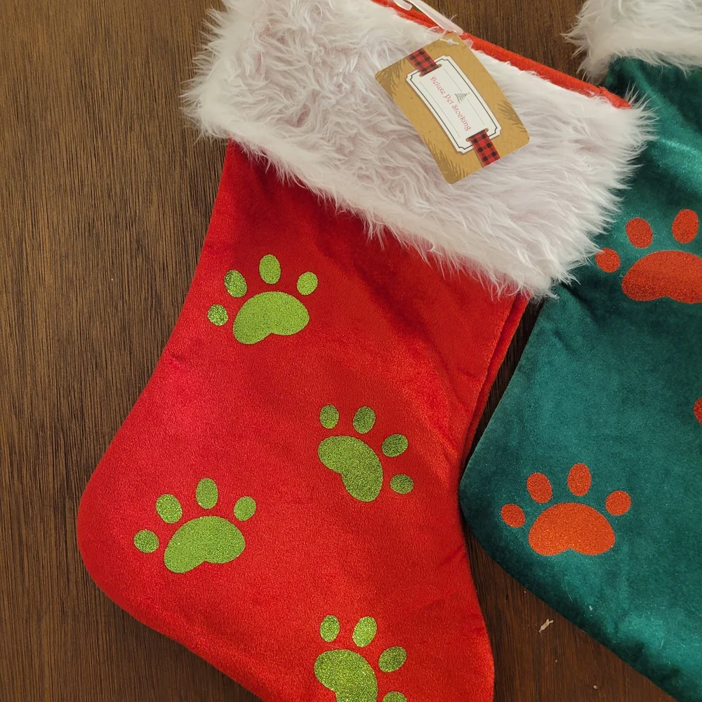 2 Dog Cat Pet Paw Print Christmas Stockings 1 Red 1 Green Furry Top Glitter Paws